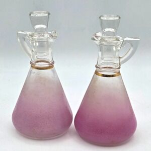 VINTAGE Pair of Blendo Pink Ombre Glass Oil & Vinegar Cruets with Gold Band MCM